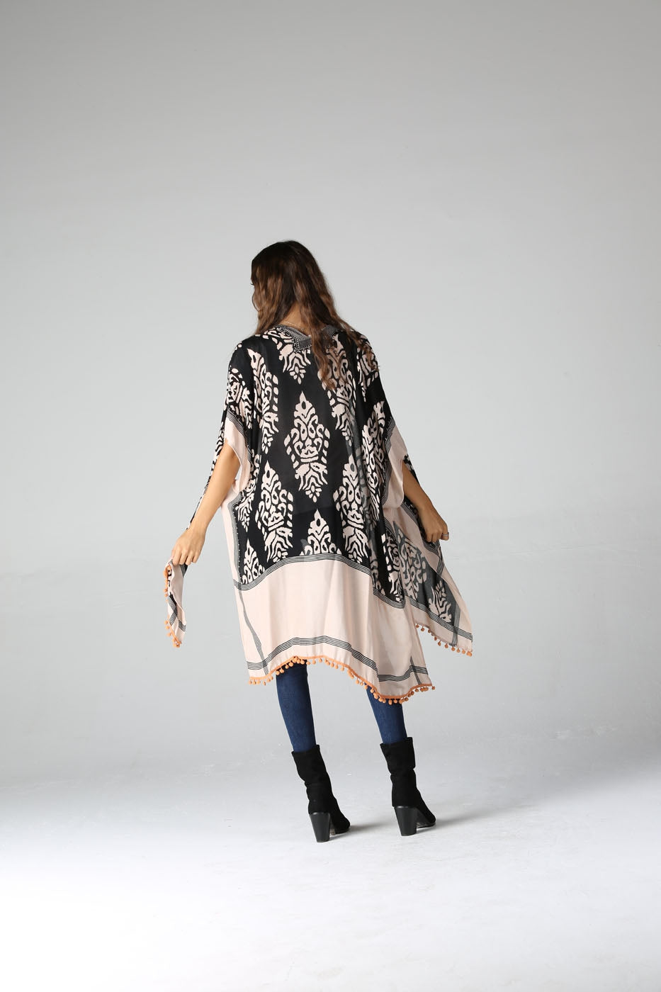 Printed Boho Black Kimono Orange Poms